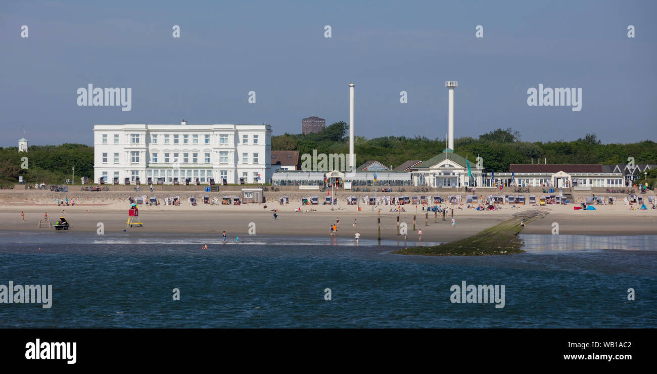 Germany, Lower Saxony, East Frisia, Norderney, West beach and Haus am Weststrand Stock Photo