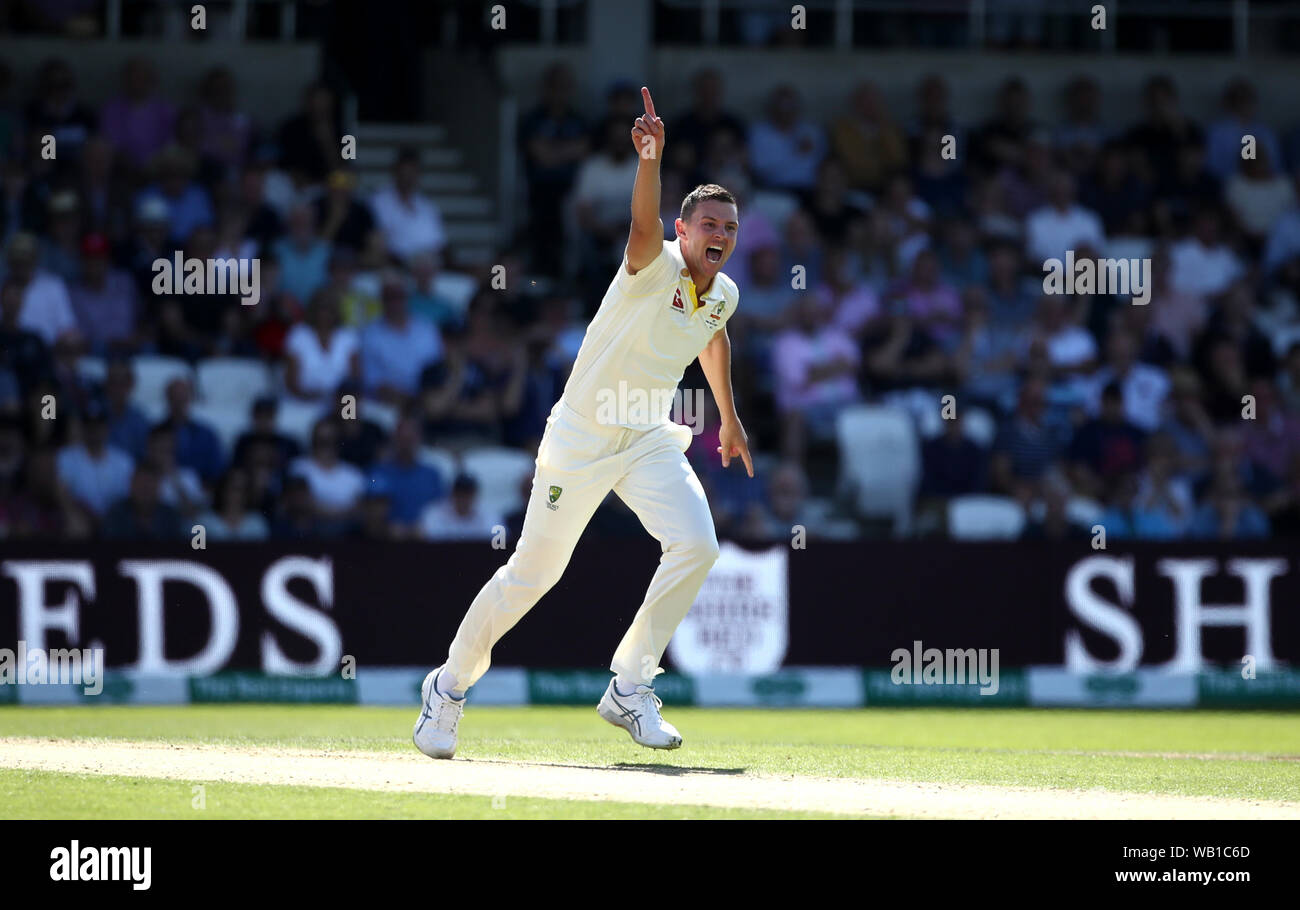 Australia's Josh Hazlewood celebrates during day two of the third Ashes Test match at Headingley, Leeds. Stock Photo