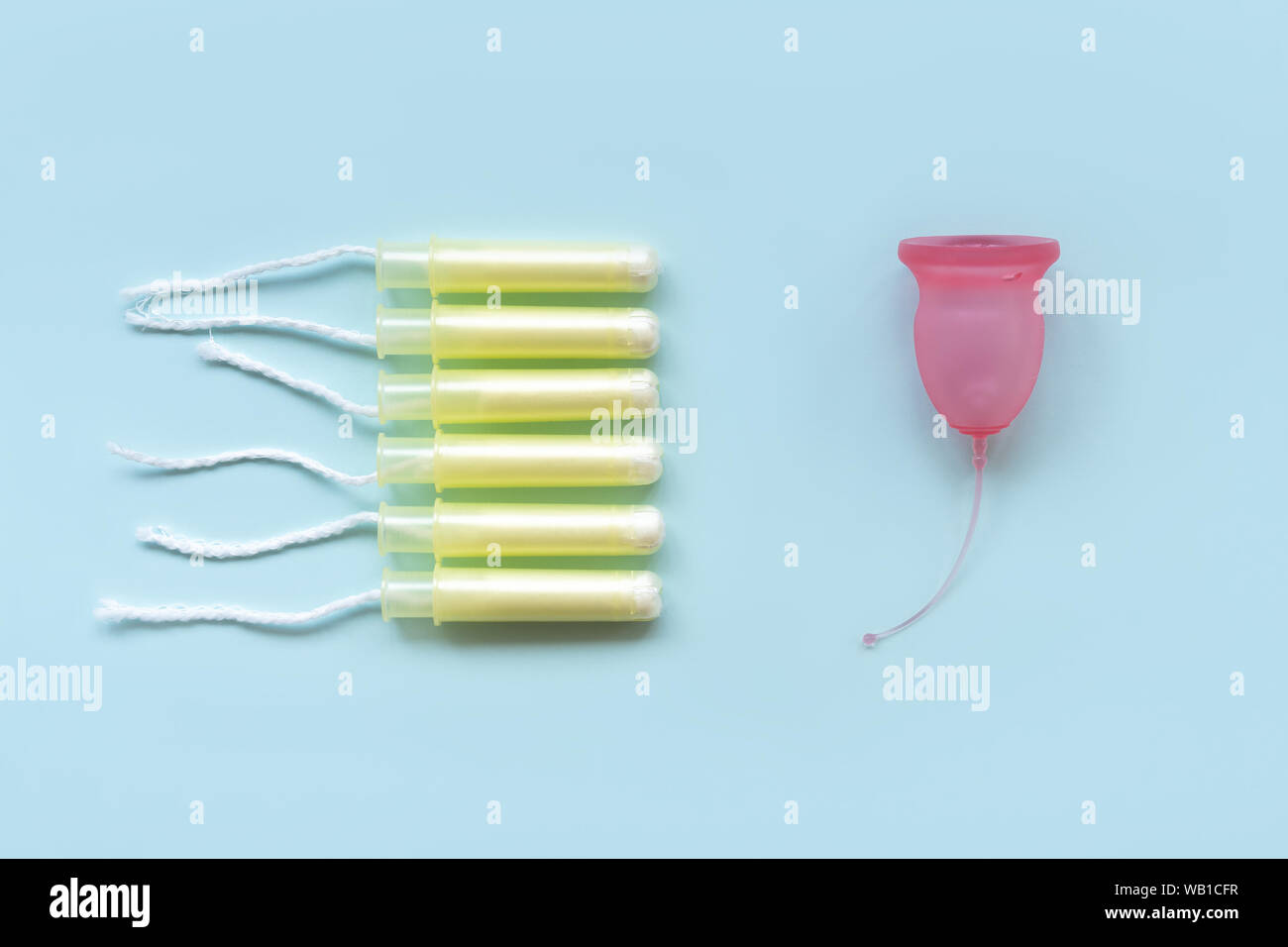 The female menstrual cup is contrasted with six tampons in the