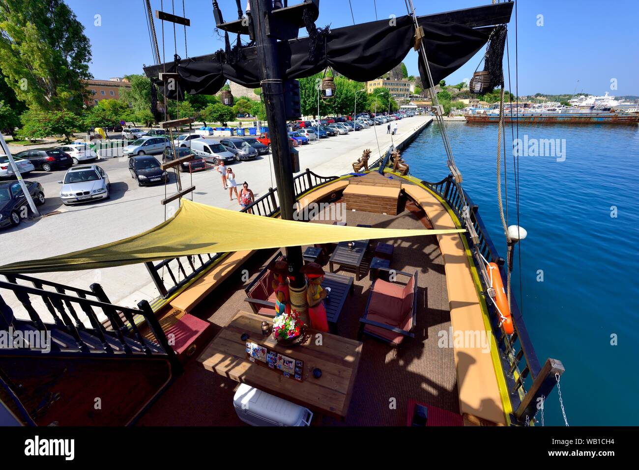 Tourist Pirate ship,boat deck,Black rose,Corfu,Greece Stock Photo