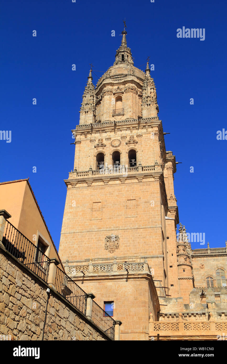 Salamanca, Castilla y Leon, Spain. The cathedral belfry and old facades in the historic university city. UNESCO World Heritage Site. Stock Photo