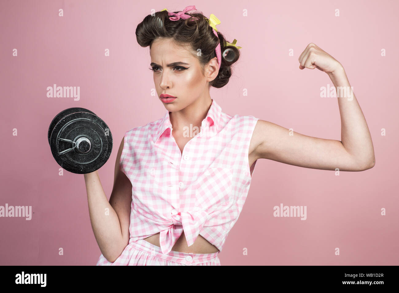 Pretty Girl In Vintage Style Retro Woman With Dumbbell Sport