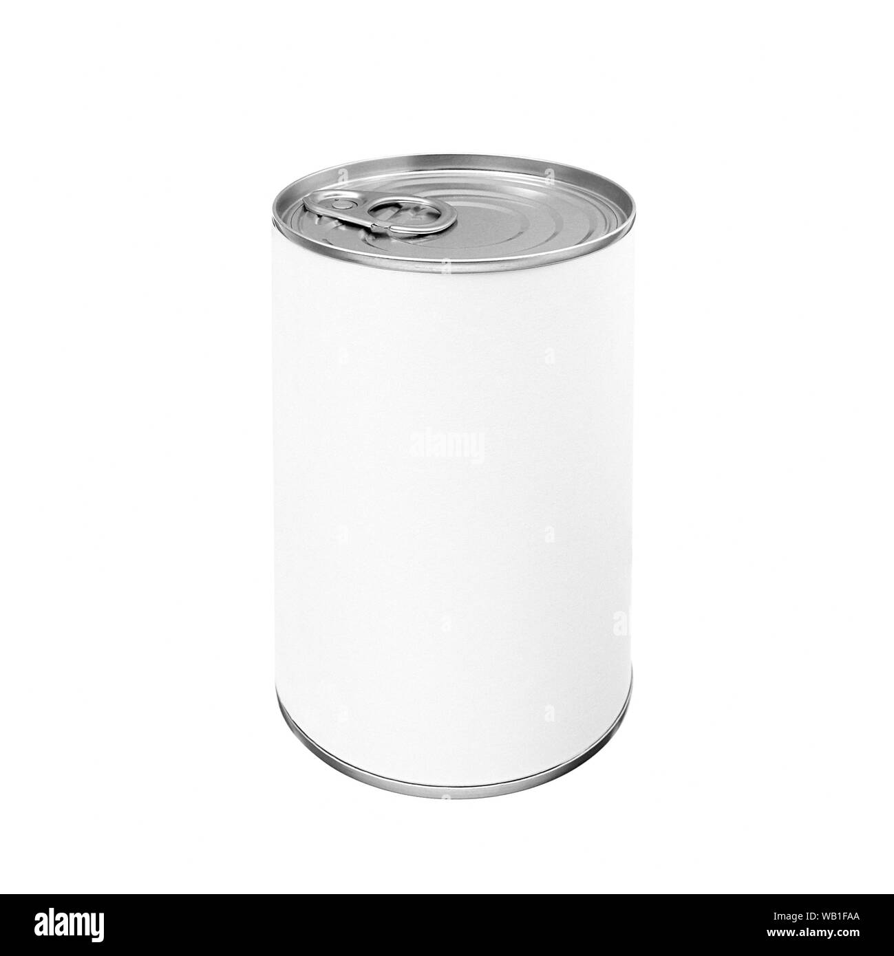 Food tin can mockup with blank white label isolated on white background, front view closeup picture, product packaging with copy space Stock Photo