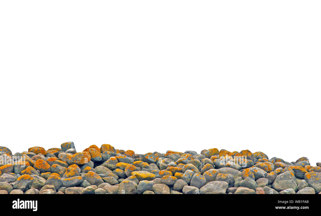 Heap of natural mossy stones isolated on white background, stack of rocks with copy space on top Stock Photo