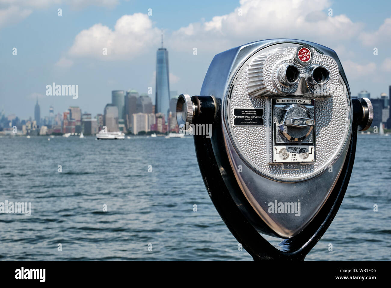 Coin operated tourist binoculars the Statue of Liberty, Liberty Island, Manhattan, New York, USA Stock Photo
