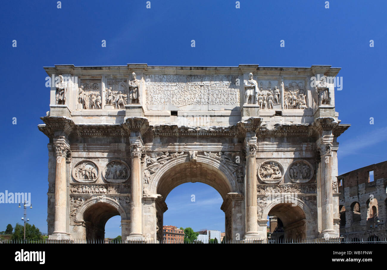 The Arch of Constantine by the Colosseum, Rome. Built to commemorate victory by Constantine I at the Battle of Milvian Bridge. Stock Photo
