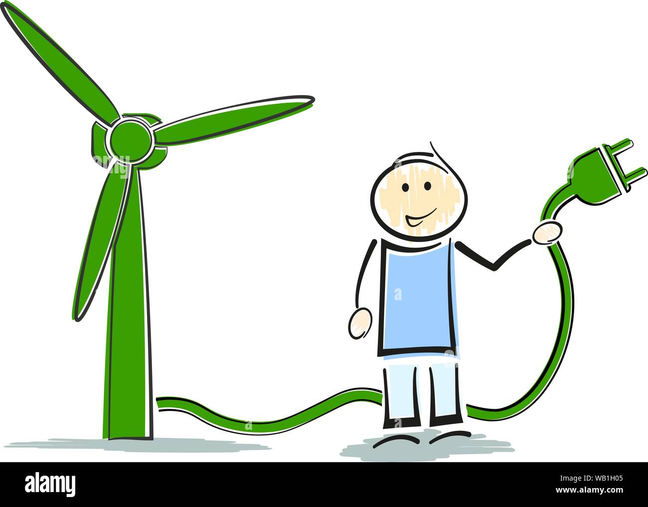 stickman character standing next to wind turbine, green renewable energy concept vector illustration Stock Vector
