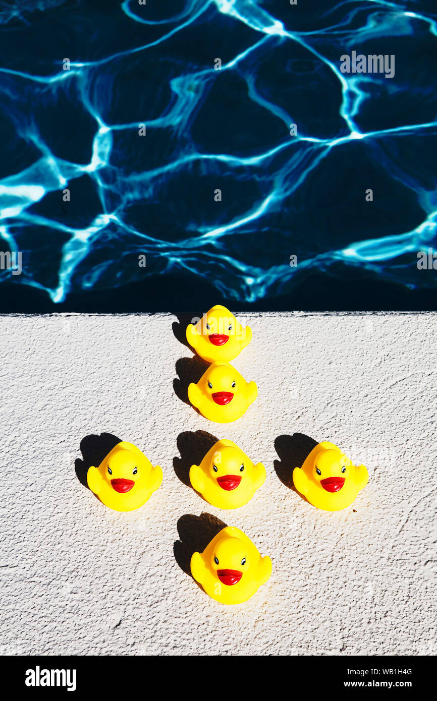 A set of rubber plastic ducks in formation by a swimming pool Stock Photo