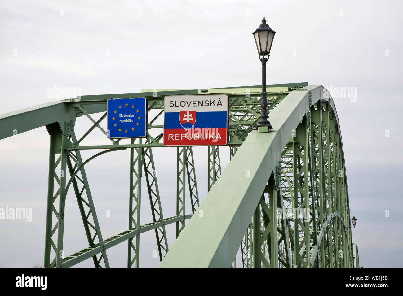 Border point between Hungary and Slovakia at Maria Valeria bridge over Danube river in Esztergom. Hungary Stock Photo