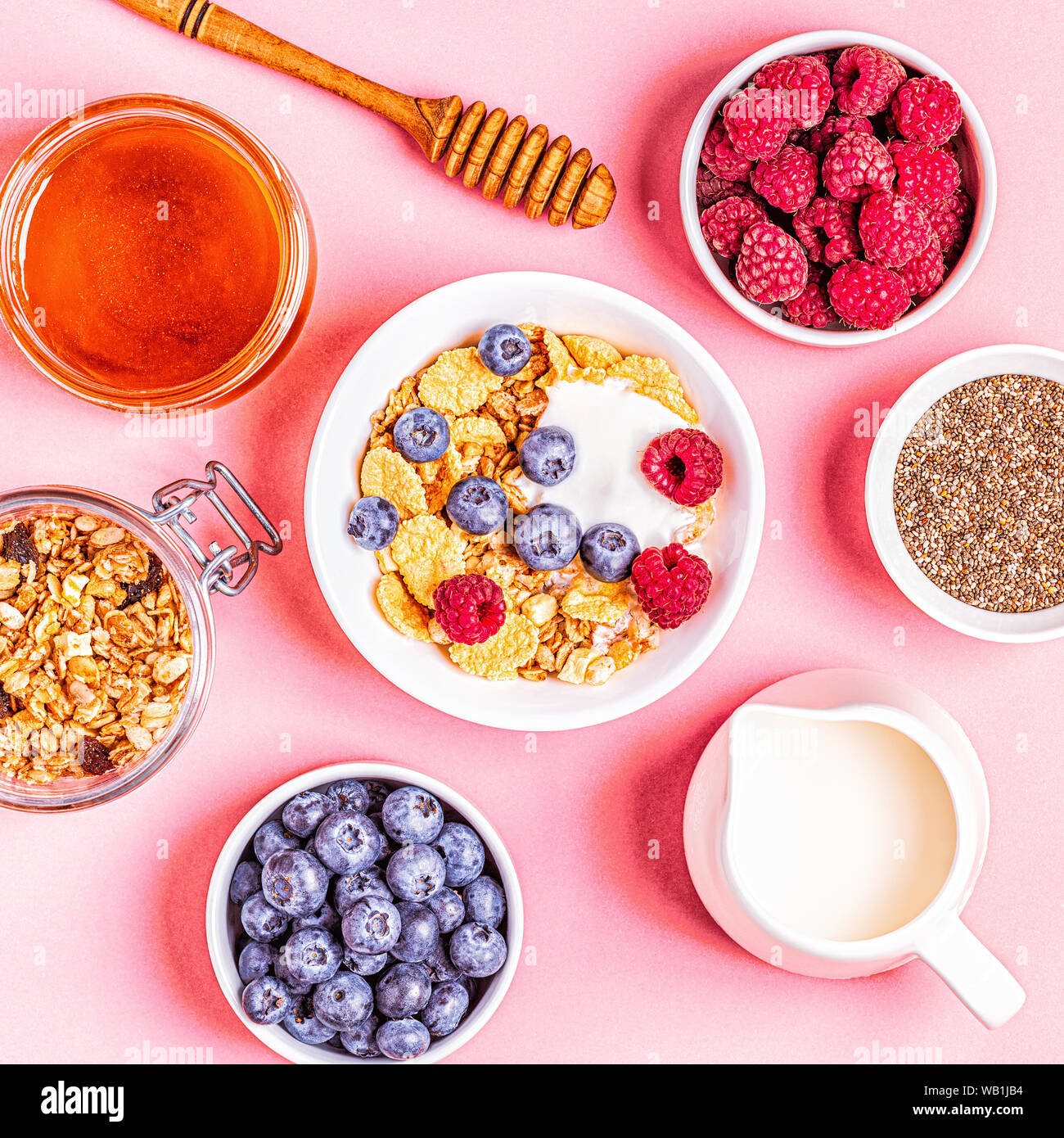 Healthy breakfast, muesli, cereal with fruit, top view Stock Photo Alamy
