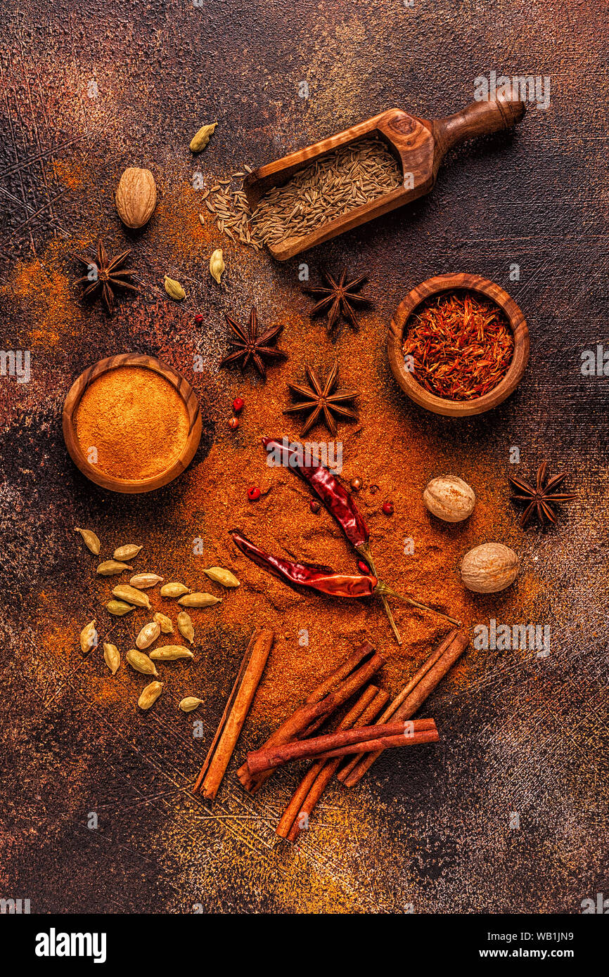 Spices ingredients for cooking. Spices concept. Top view. Stock Photo