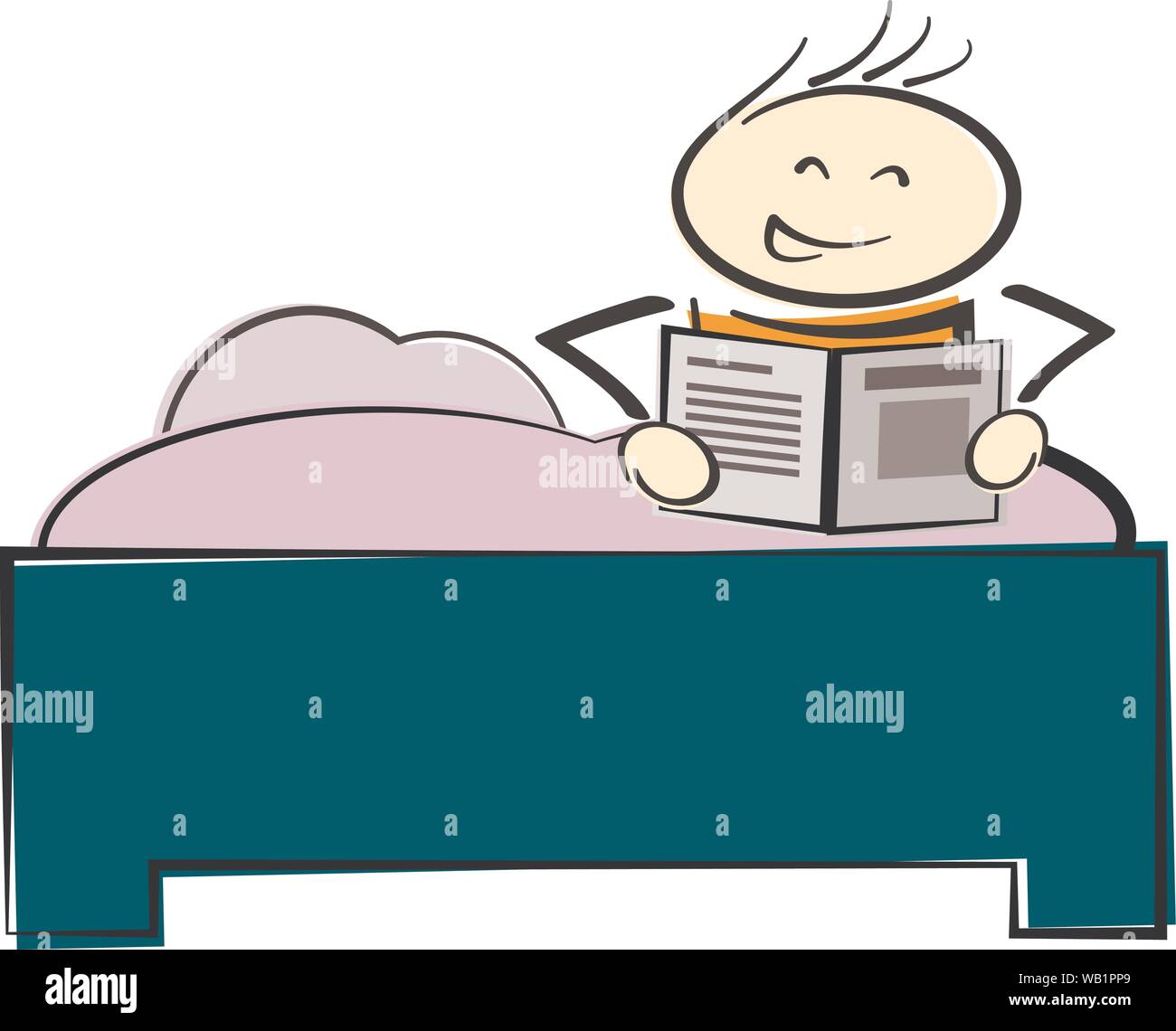 stickman character sitting in bed reading a book or newspaper vector illustration Stock Vector