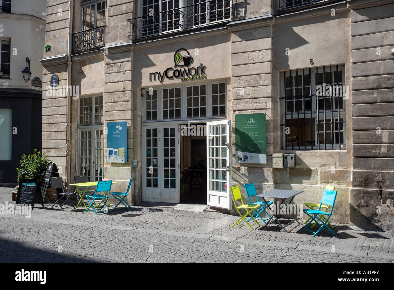 PARIS, FRANCE - AUGUST 03, 2018:  MyCowork Beaubourg Co-Working  Office space in Rue du Cloître Saint-Merri in the 4th arrondissement Stock Photo