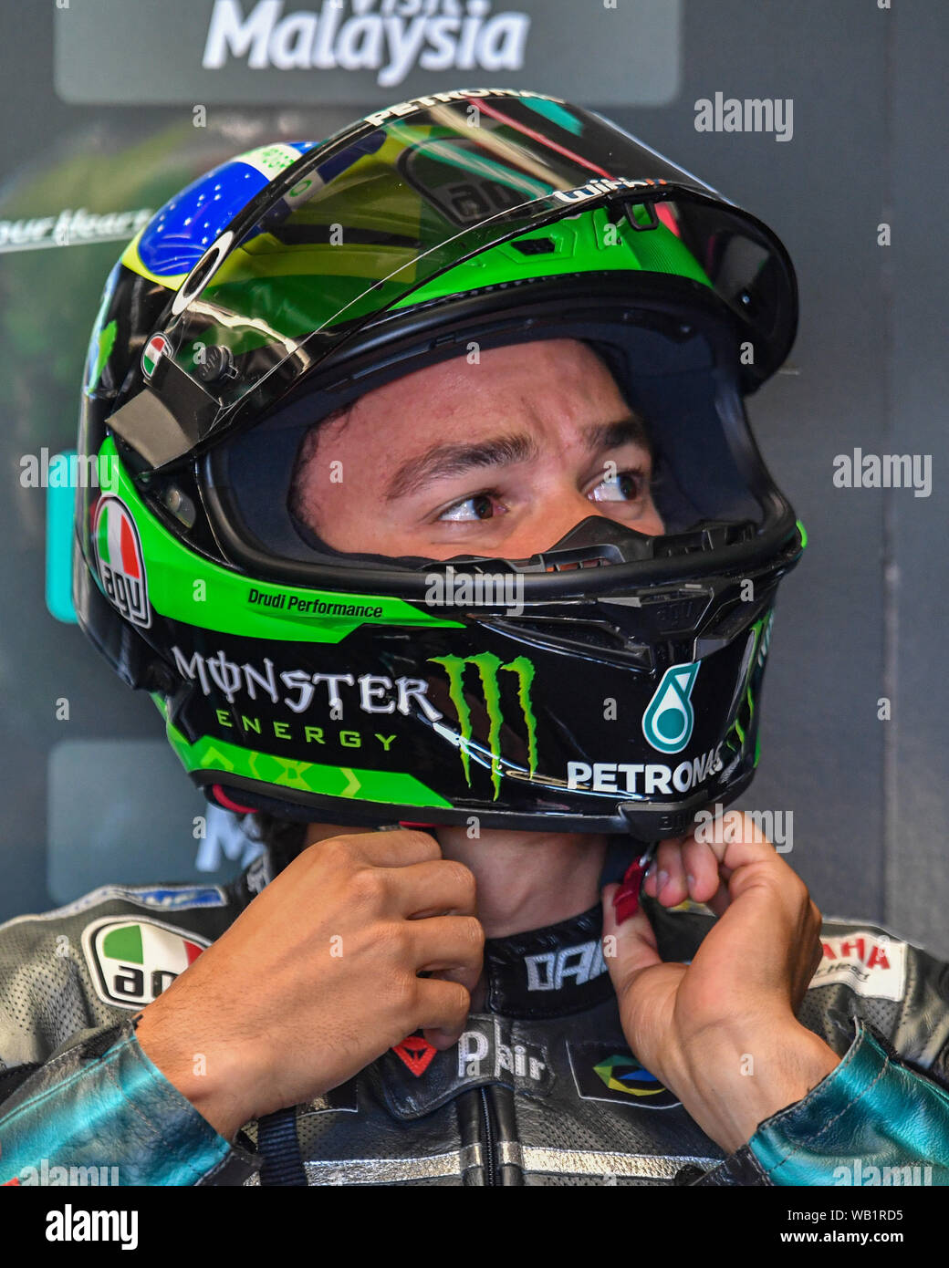 Silverstone, UK. 23rd Aug, 2019. Franco Morbidelli (ITA) of Petronas Yamaha SRT gets ready prior to the practice session 2 during the GoPro British Grand Prix at Silverstone Circuit on Friday, August 23, 2019 in TOWCESTER, ENGLAND. Credit: Taka Wu/Alamy Live News Stock Photo