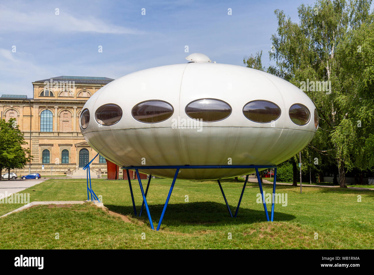 The 'Das Futuro-Haus' (Futuro house), a round, prefabricated house designed by Matti Suuronen, Pinakothek der Moderne, Munich, Bavaria, Germany. Stock Photo