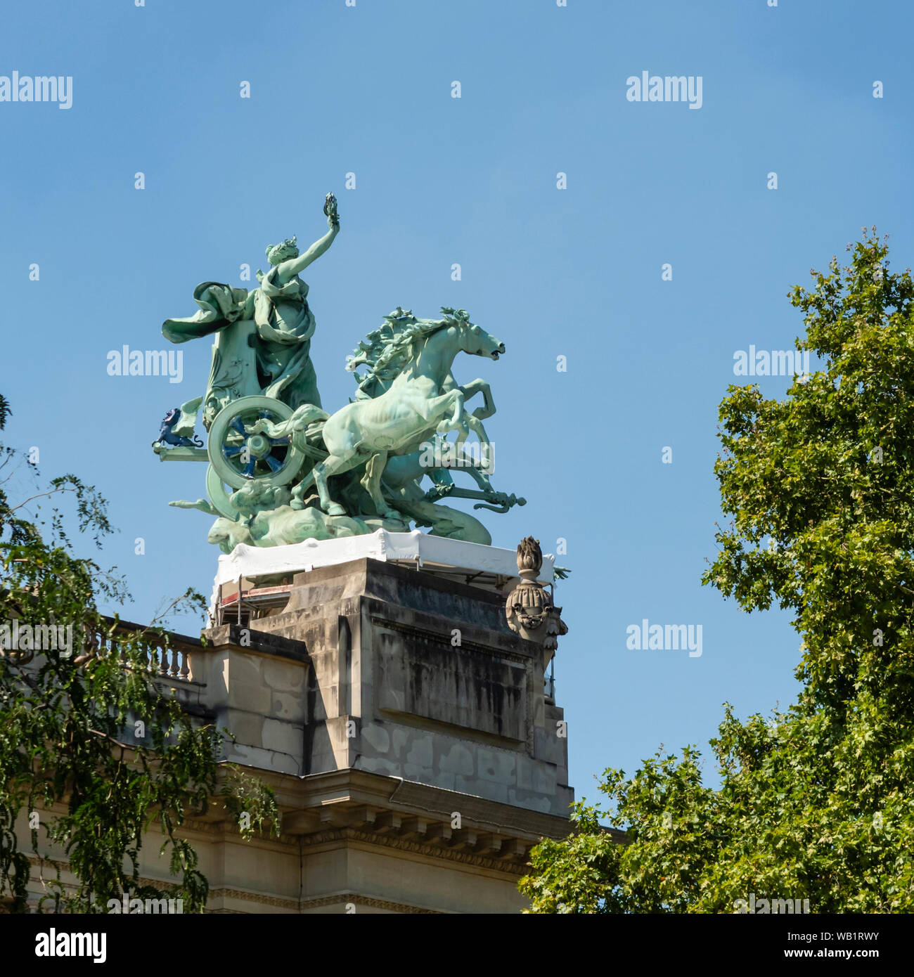 PARIS, FRANCE - AUGUST 03, 2018:  Quadriga Statue (four horse chariot)at Grand Palais.  Representing triumph of harmony over discord Stock Photo