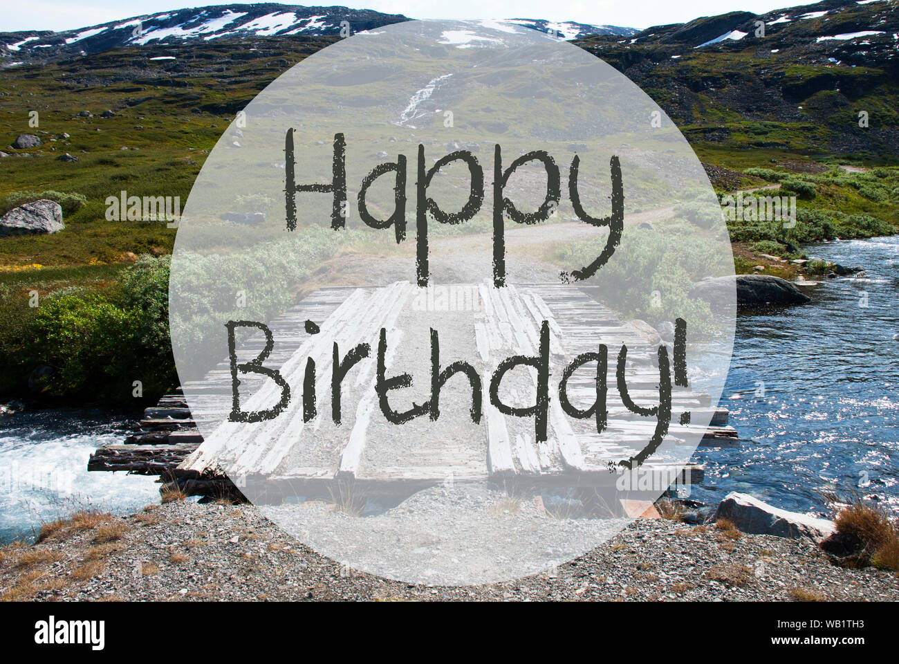 English Text Happy Birthday. Wooden Foot Bridge In Norway. Mountains ...