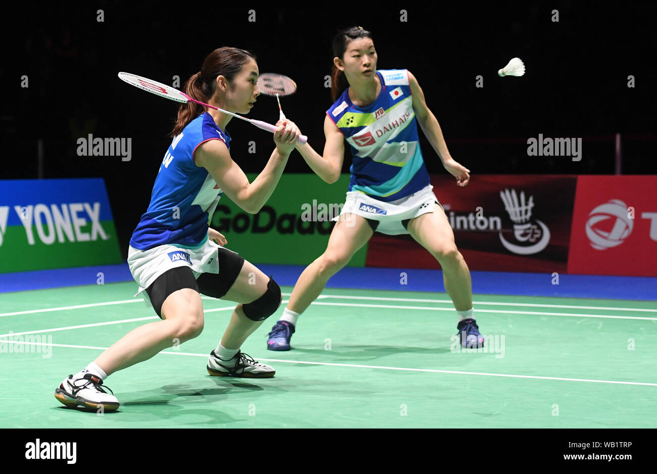 Basel, Switzerland. 23rd Aug, 2019. Japan's Matsutomo Misaki/Takahashi  Ayaka (R) compete during the women's doubles quarterfinal match against  China's Du Yue/Li Yinhui at the BWF Badminton World Championships 2019 in  Basel, Switzerland,