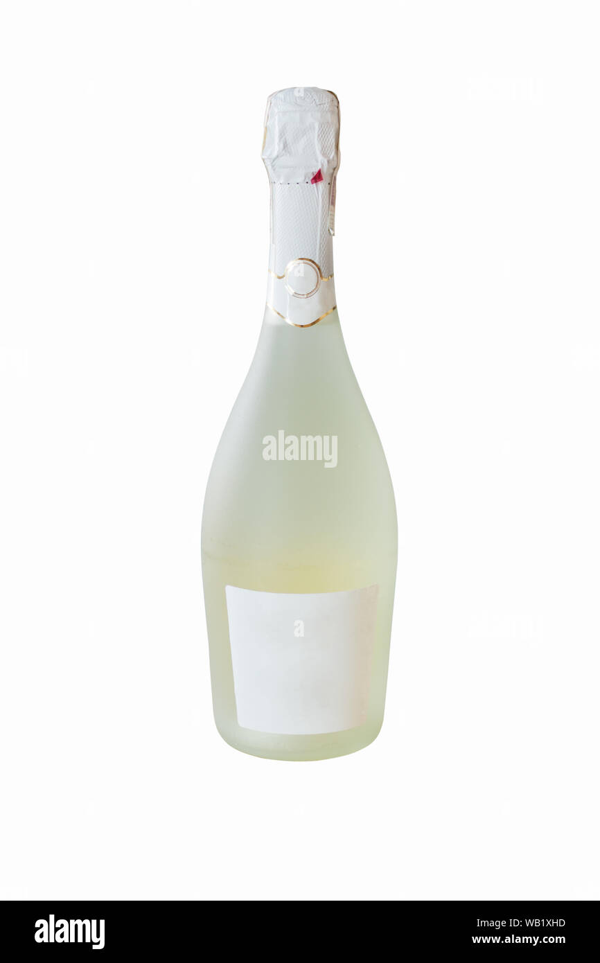 Champagne bottle isolated on a white background. Sparkling frosted white wine bottle with blank label. Stock Photo