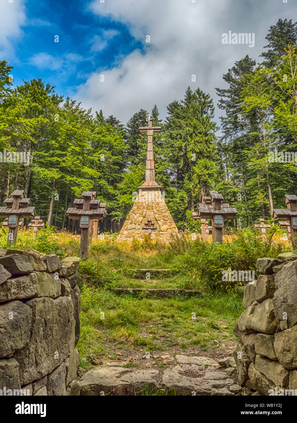 Magura Malastowska, Poland - August 21, 2018:  Burial place of 60 soldiers of the Austro-Hungarian army and 20 Russian armies who died in 1915. I Worl Stock Photo