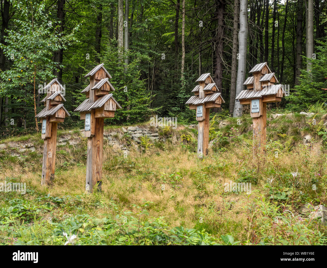 Magura Malastowska, Poland - August 21, 2018:  Burial place of 60 soldiers of the Austro-Hungarian army and 20 Russian armies who died in 1915. I Worl Stock Photo