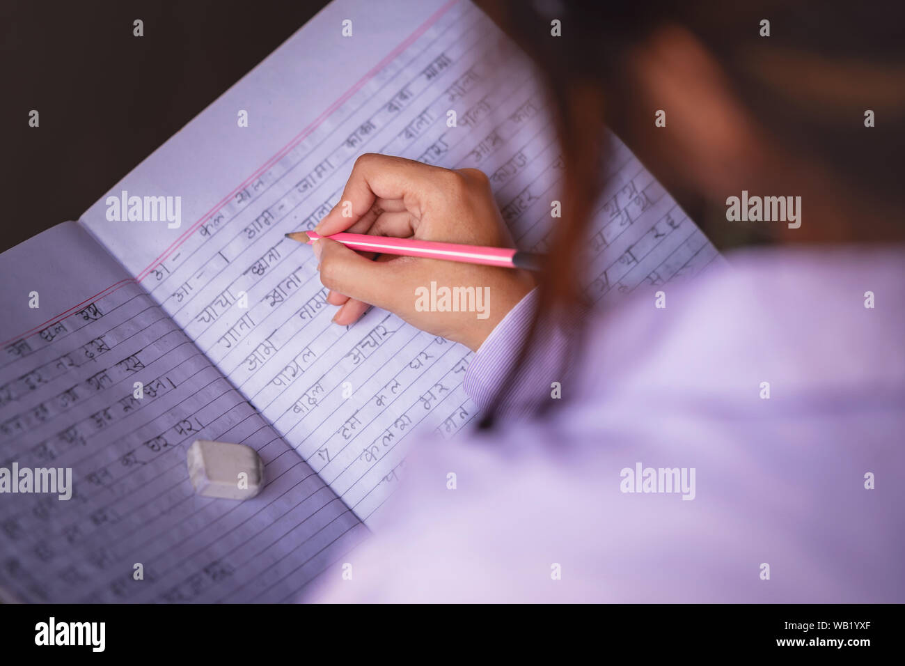 Indian young girl student studying hindi language at home. Background concept for girl child education,education loan, teachers day. Stock Photo