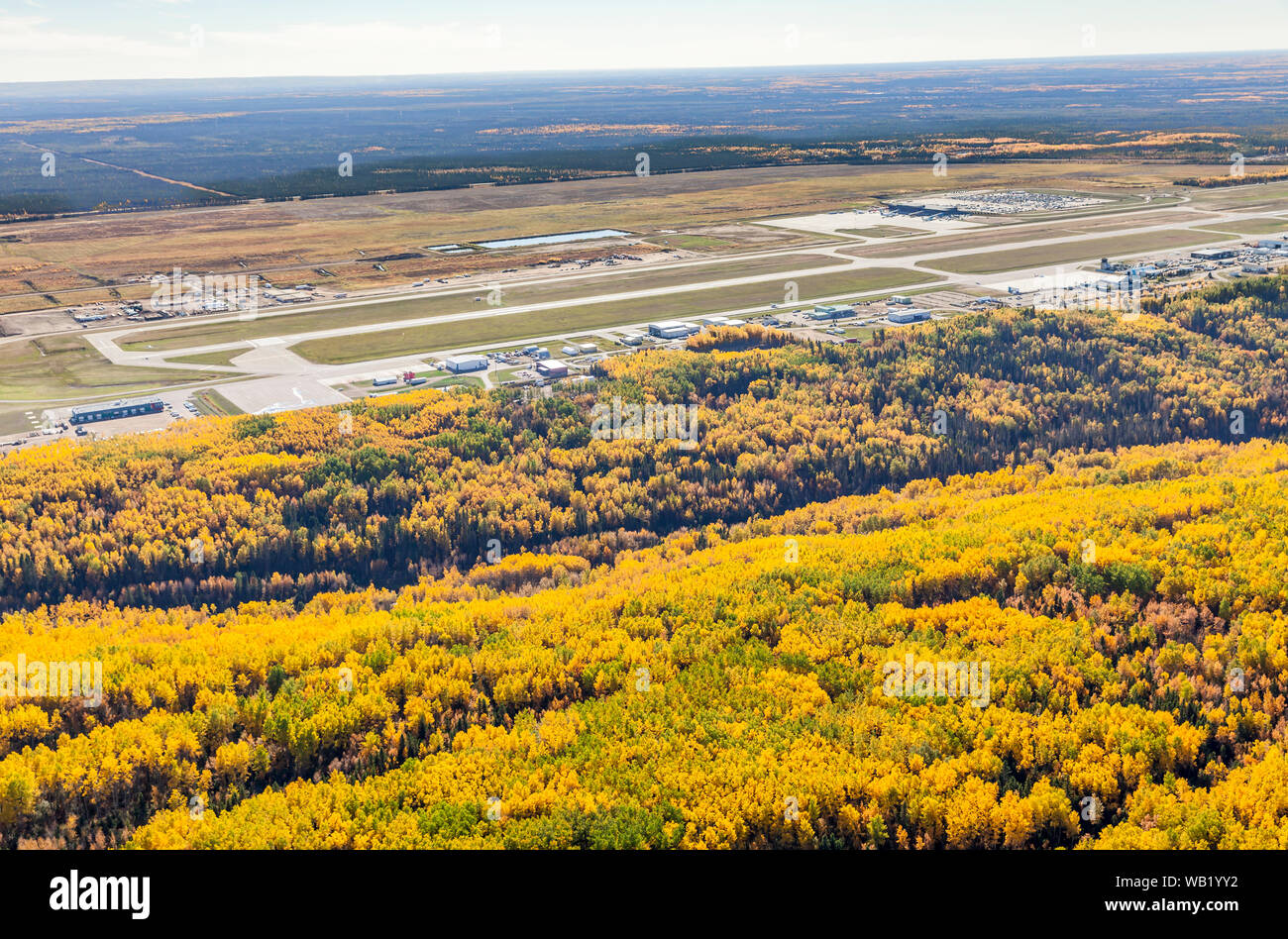 Aerial photo of Fort McMurray, Alberta airport in fall. Stock Photo
