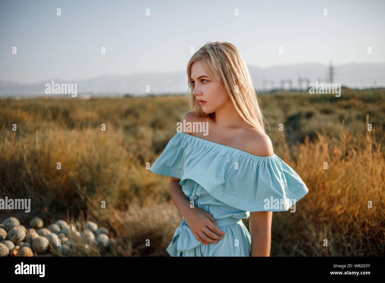 portrait of a young beautiful caucasian blonde girl in a light blue ...