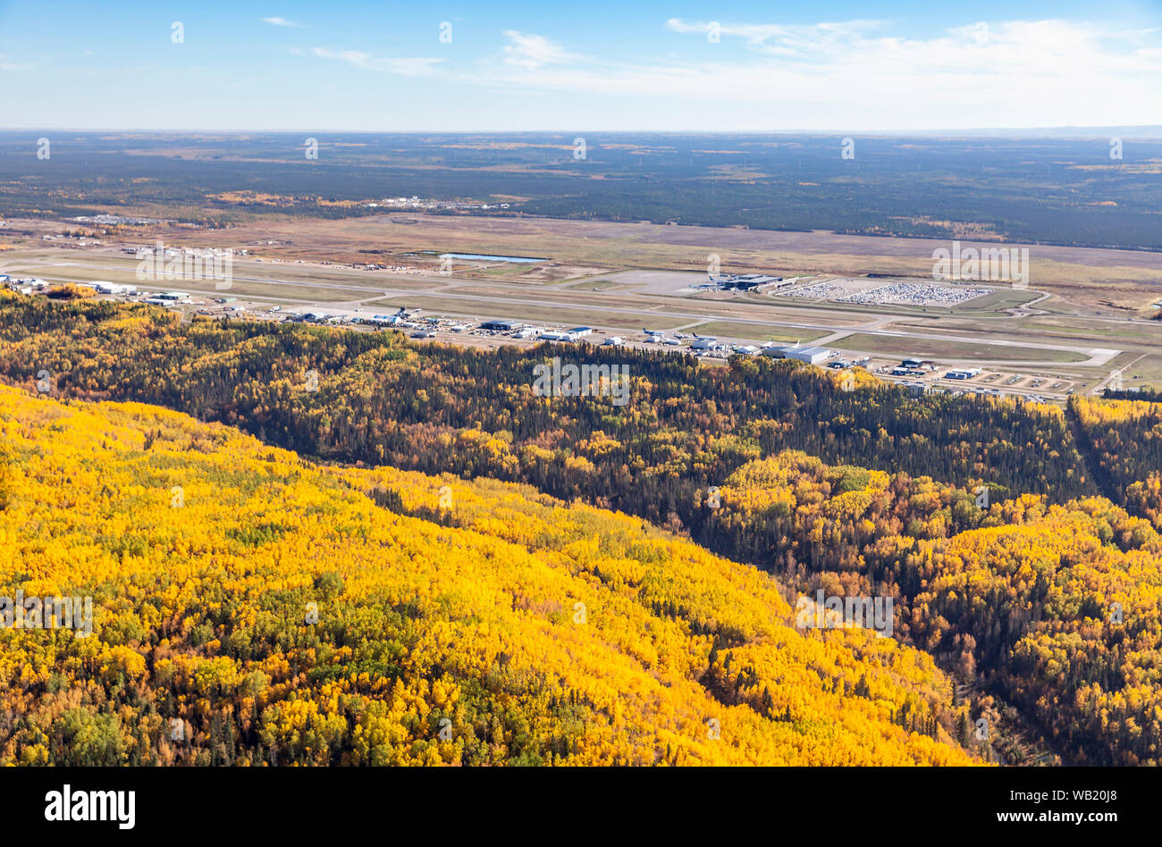 Aerial photo of Fort McMurray, Alberta airport in fall. Stock Photo