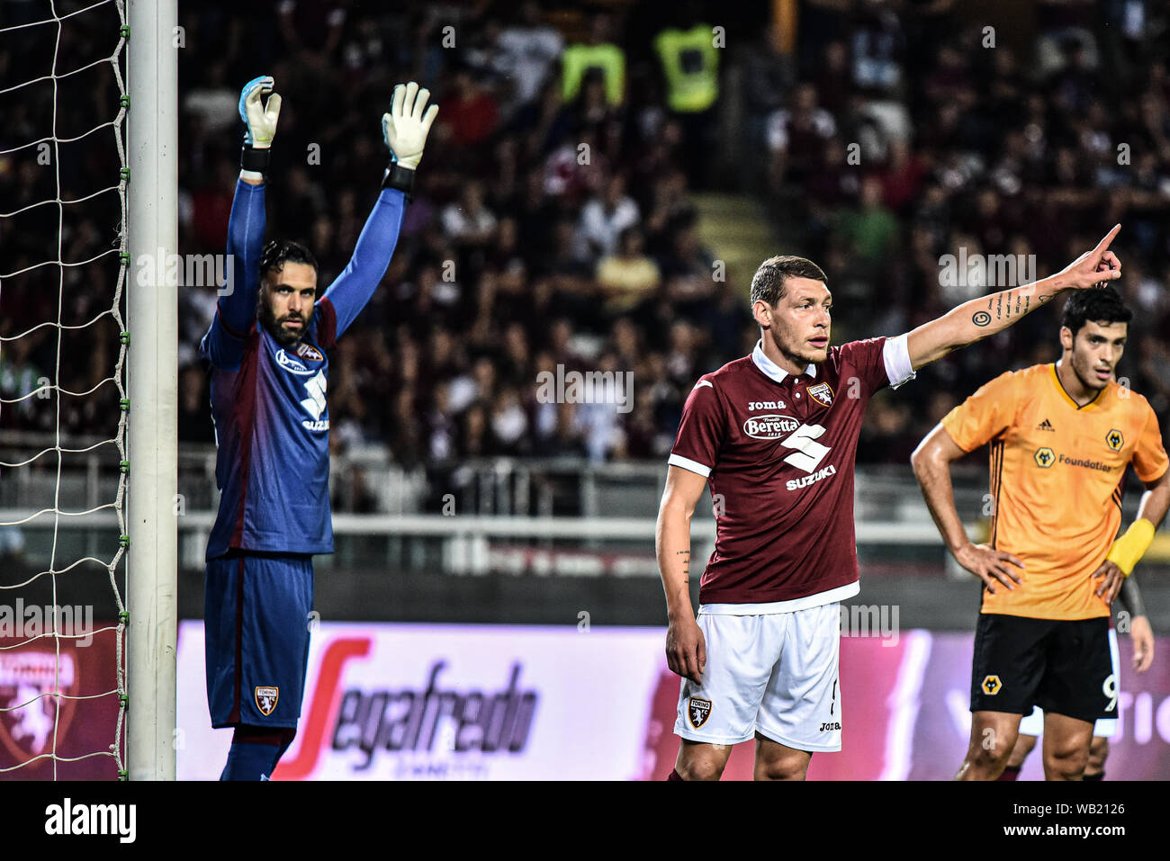 Andrea Belotti and Salvatore SIrigu of Torino FC during the  UEFA Europa League playoff round football match between Torino FC and Wolverhampton Wande Stock Photo