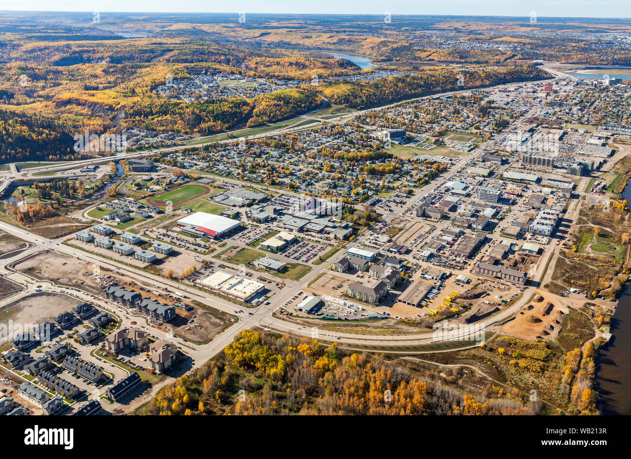 Aerial photo of Fort McMurray, Alberta, the hub of the oil sands. Stock Photo