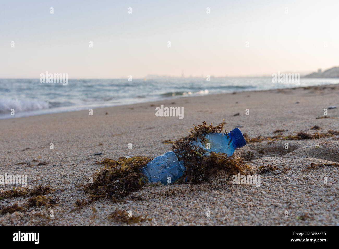 Blue plastic bottle covered in algae on the beach, with a mediterranean sea landscape background Stock Photo