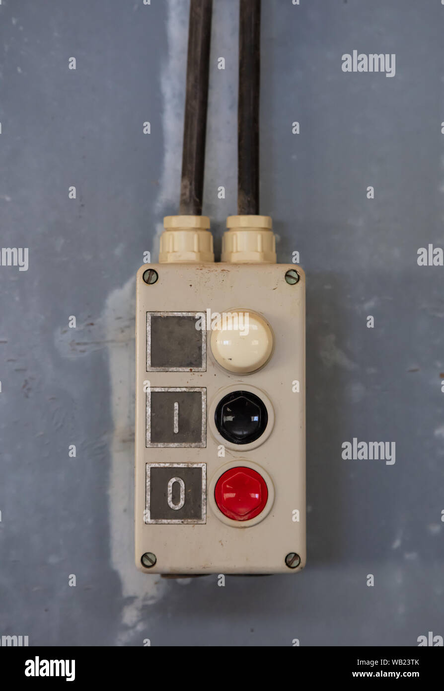 Start, stop concept. Push buttons, red and black color switch, old