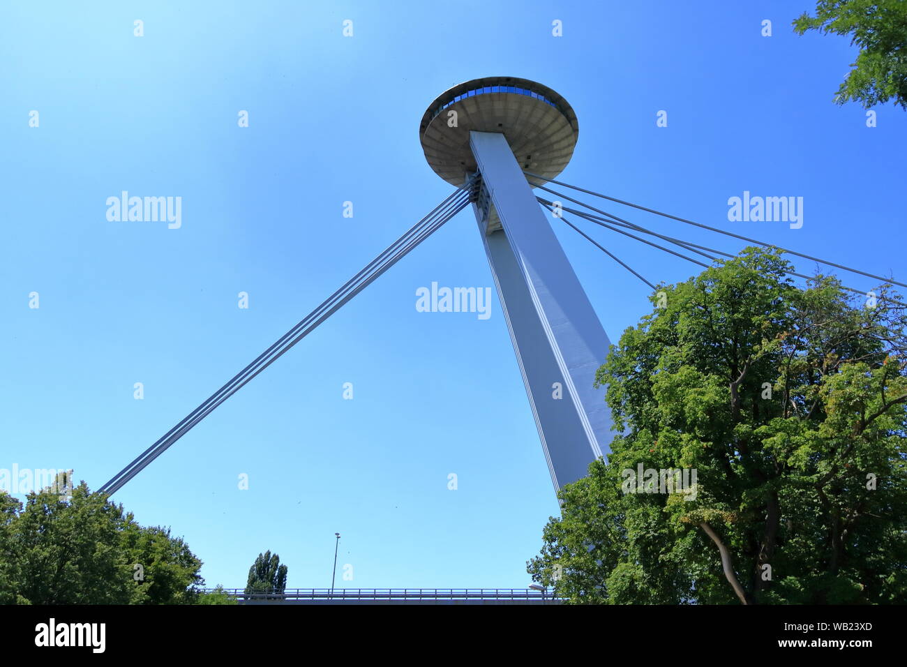 Bratislava, Slovakia, July 18 2019: UFO bridge over Danube river in Bratislava, Slovakia Stock Photo