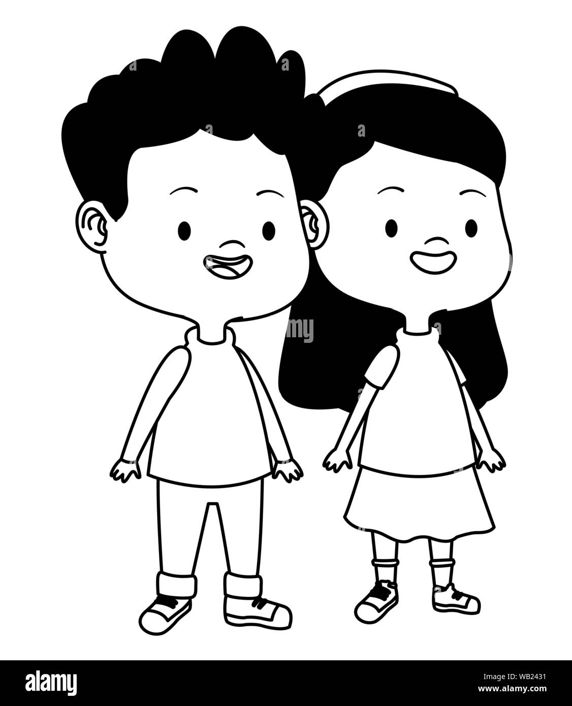 Cute happy kids having fun cartoons in black and white Stock Vector ...