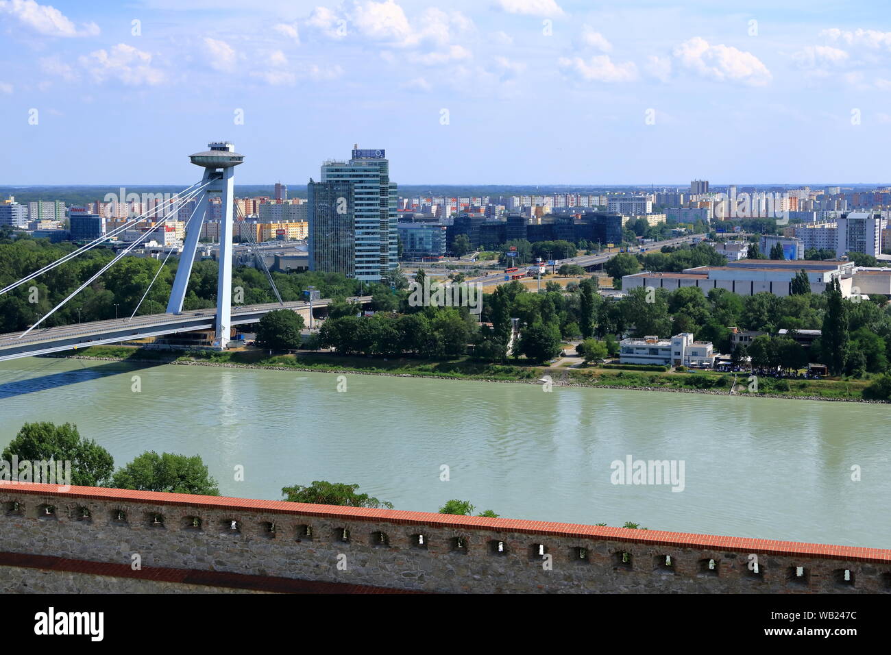 Bratislava, Slovakia, July 18 2019: UFO bridge over Danube river in Bratislava, Slovakia Stock Photo