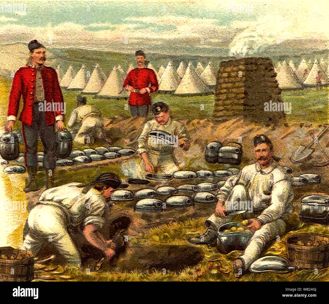 Early postcard image  (circa 1900) showing the camp kitchen of a British regiment wearing red jackets and Glengarry style caps. Tents  and a brick built camp oven can be seen in the background. Stock Photo