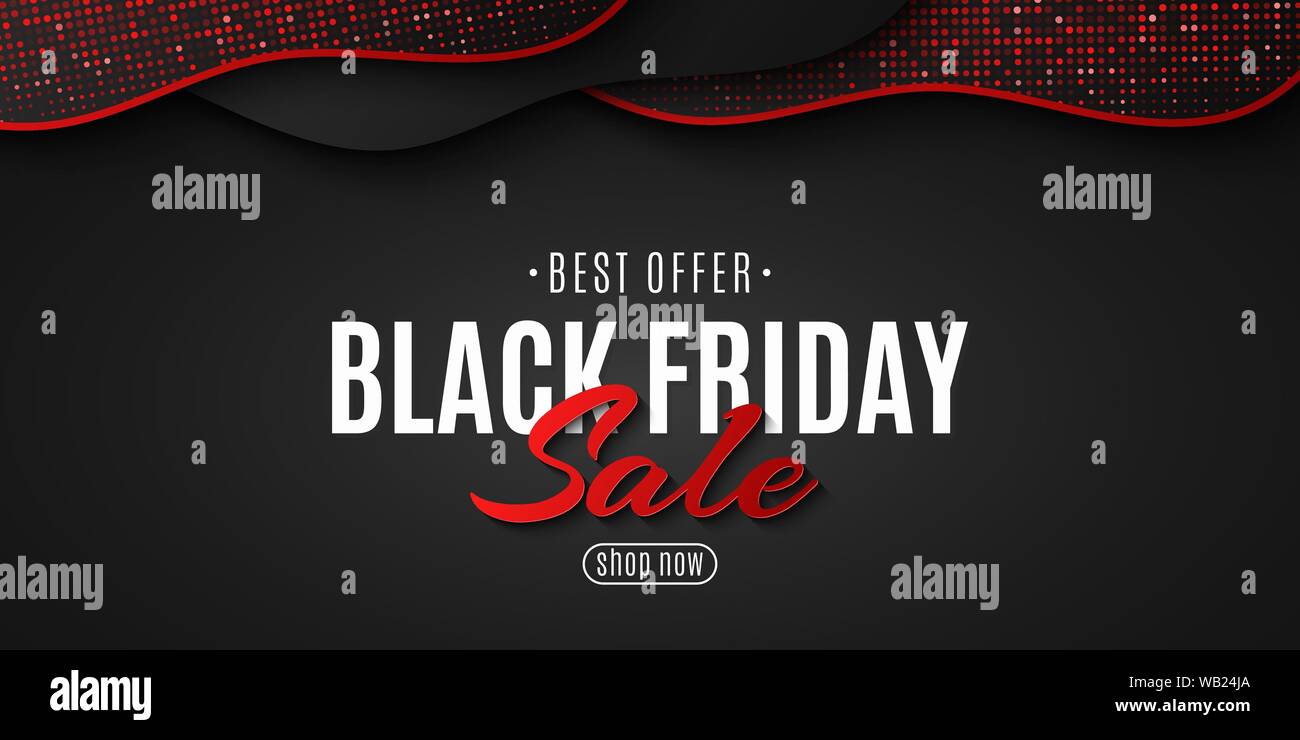 Fluid design for Black Friday. Wave shapes with red glitter. Seasonal sale. Template for your business project. Vector illustration. EPS 10 Stock Vector