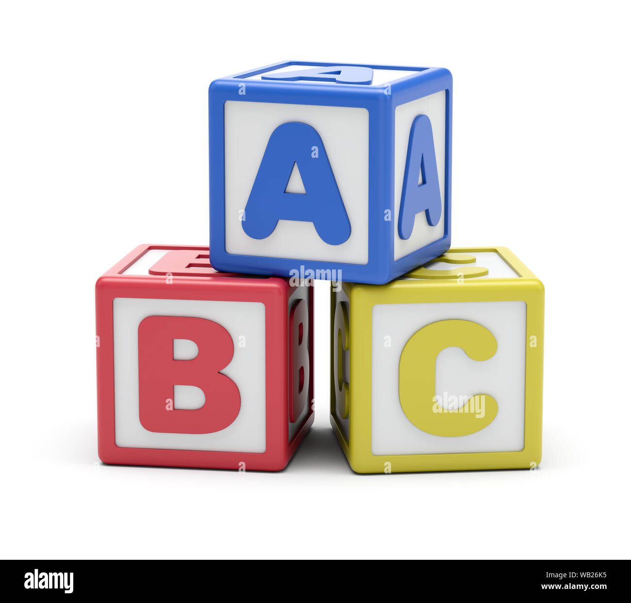 Blue, red, yellow ABC alphabet blocks composition. 3D rendering. Isolated on white background. Stock Photo