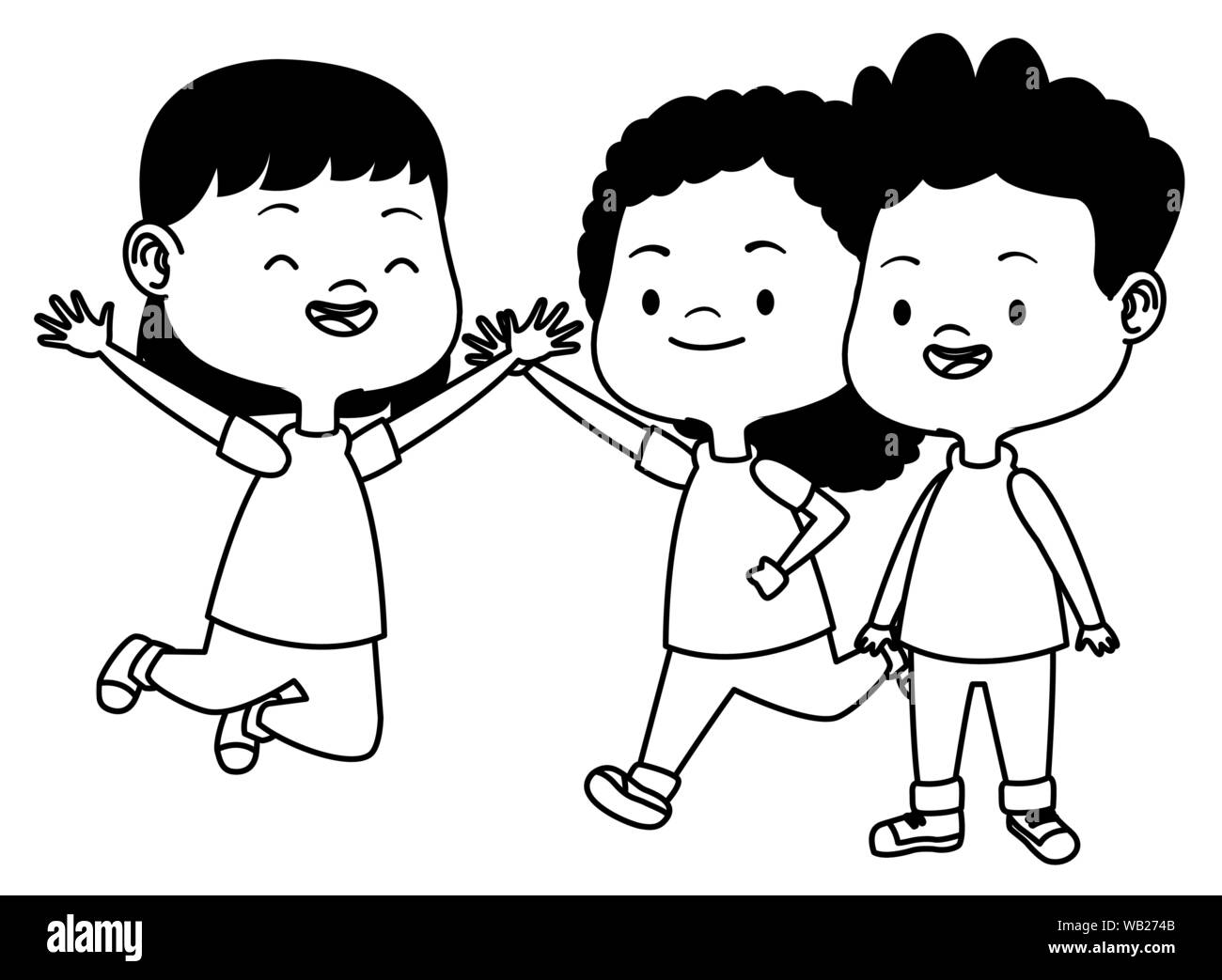 Cute happy kids having fun in black and white Stock Vector Image & Art ...