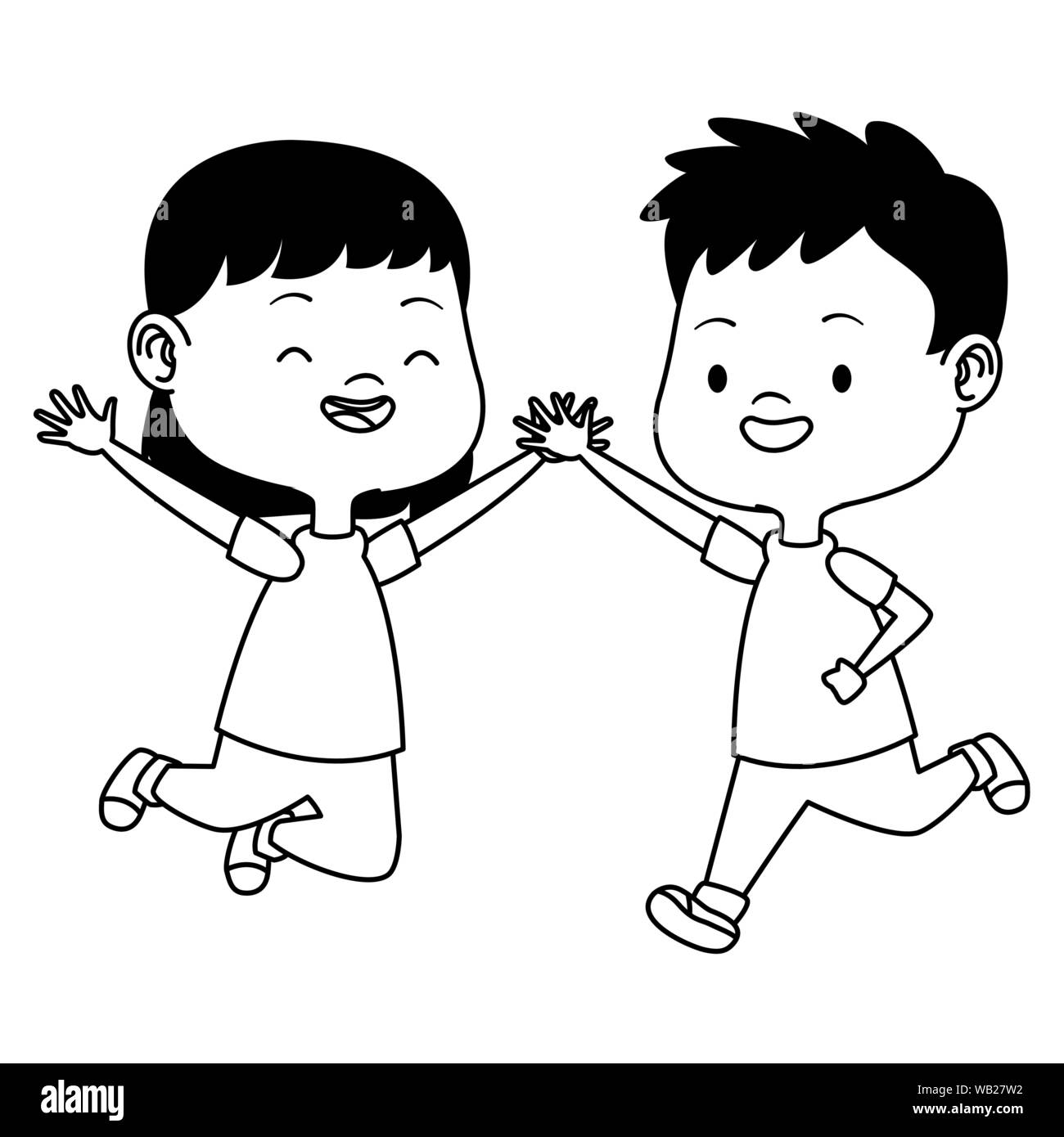 Cute happy kids having fun cartoons in black and white Stock Vector