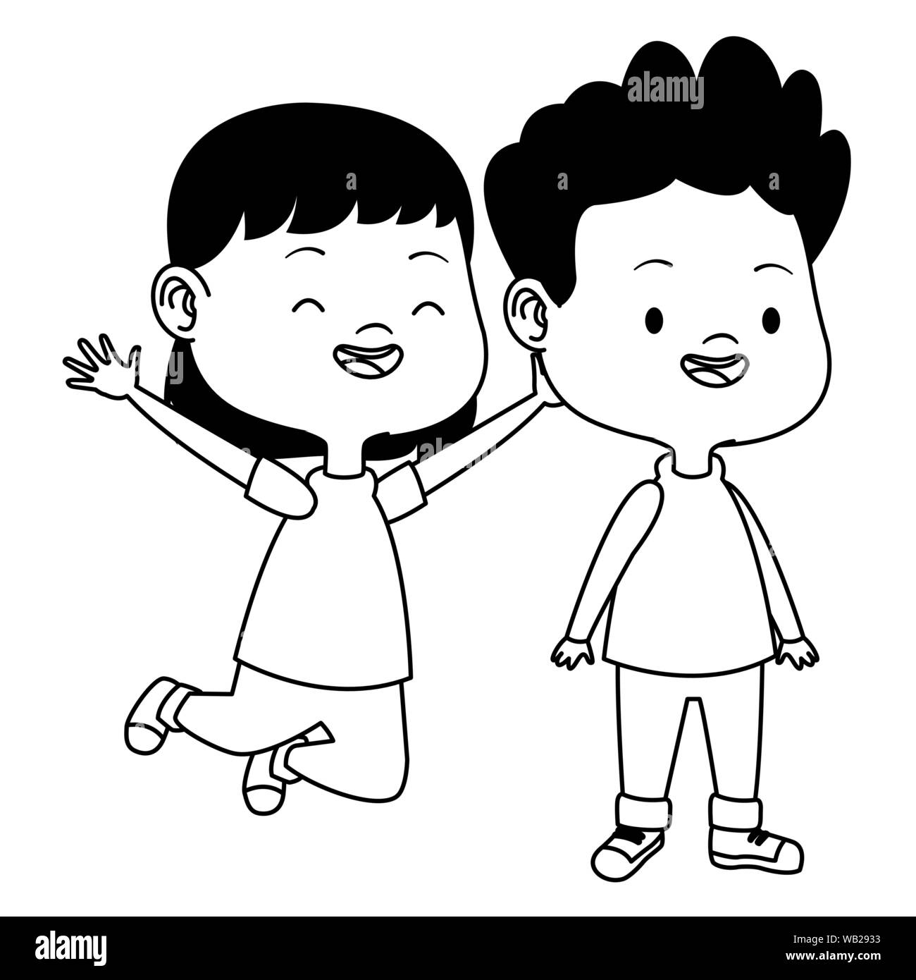 Cute happy kids having fun cartoons in black and white Stock Vector ...