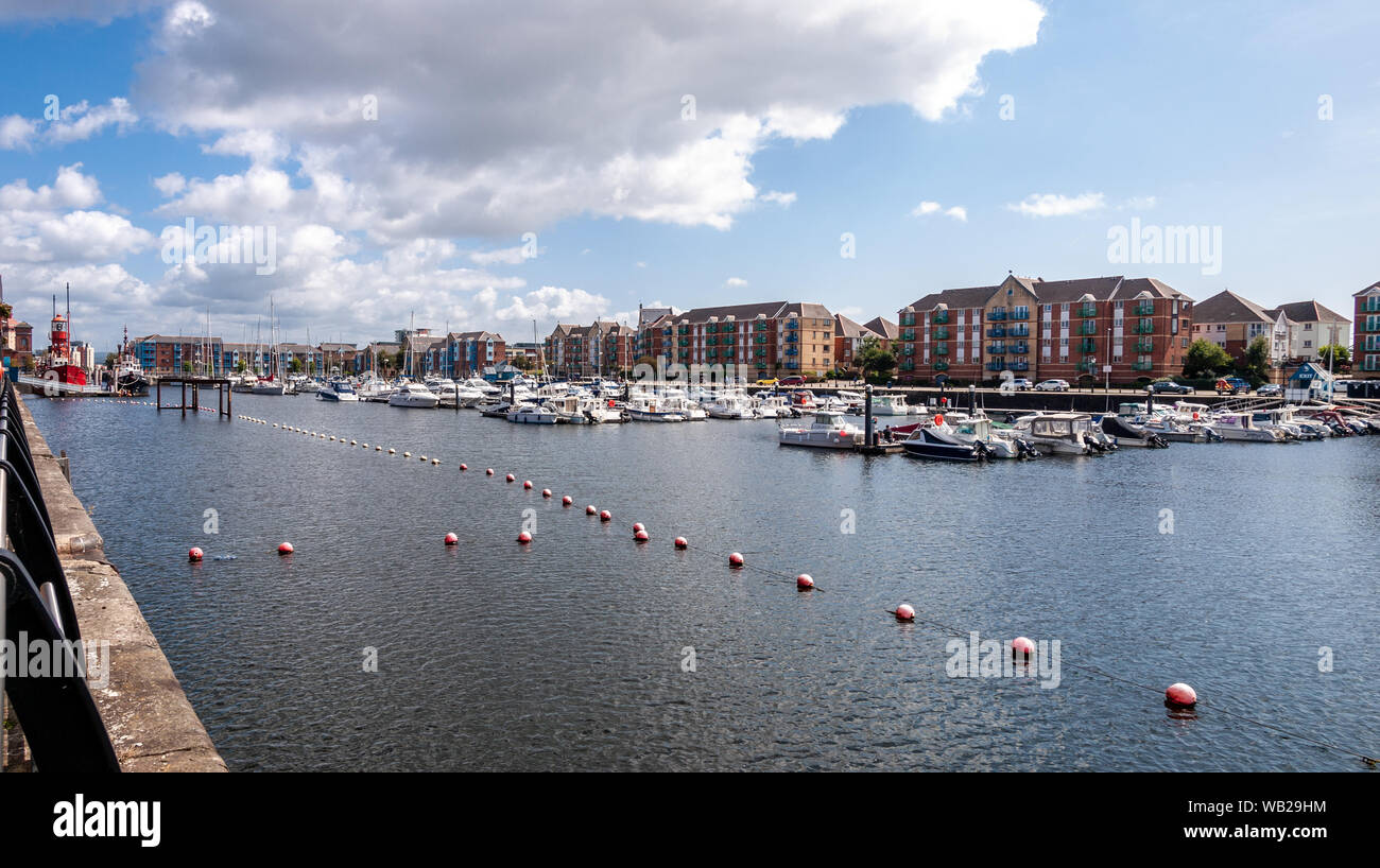Panoramic view of Swansea Marina, Tawe Basin looking eastwards. The Helwick Light Vessel can be seen on the left. Stock Photo