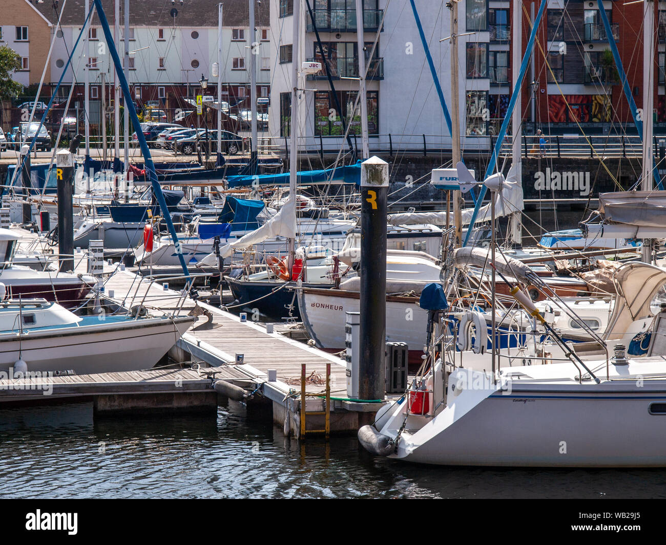 Swansea Marina boats and yachts moored to floating pontoon. Swansea, Wales, UK. Stock Photo