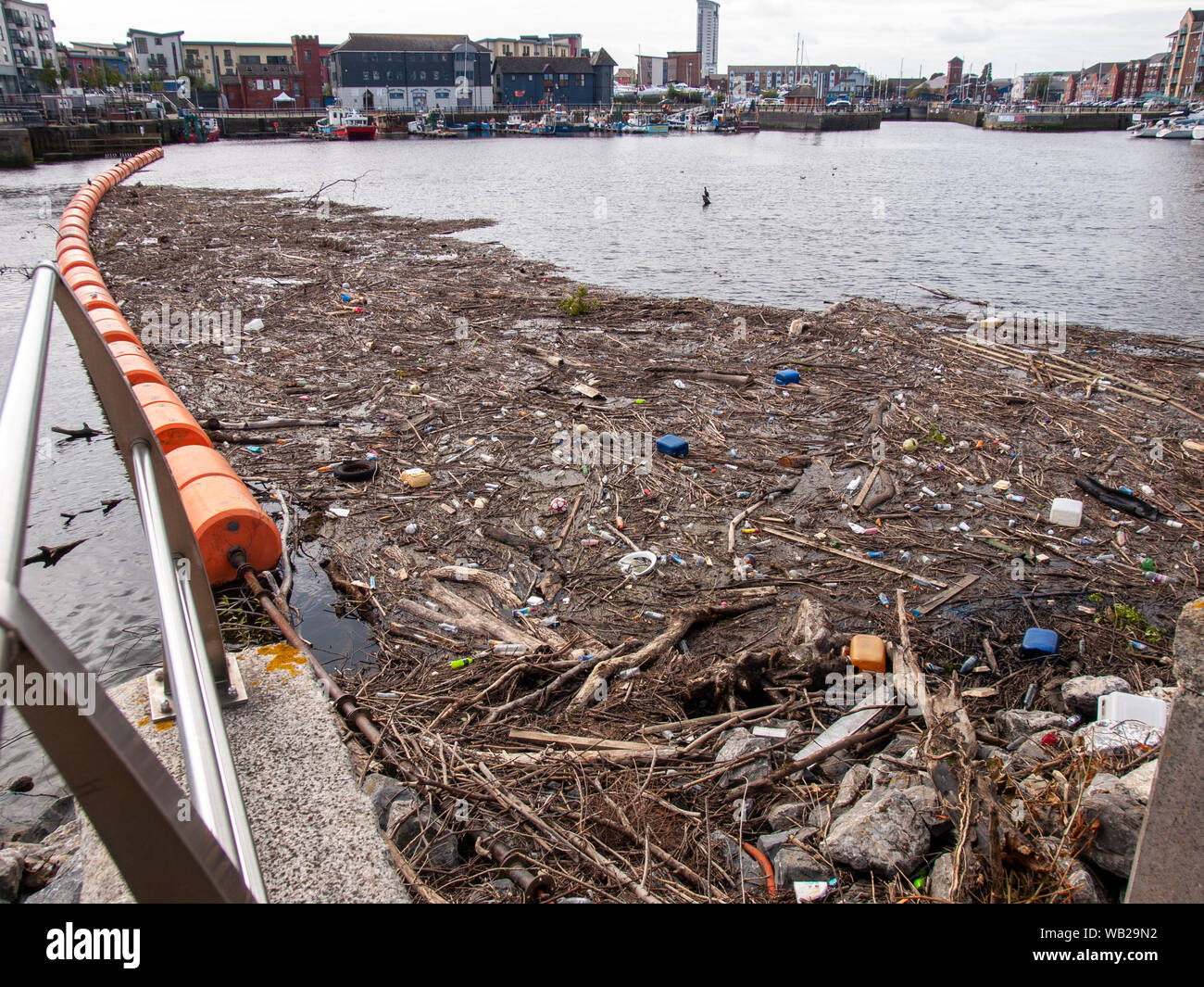Floating barrier full of rubbish, wood, plastic bottles and other rubbish near the the mouth of the River Tawe in Swansea, Wales, UK. Stock Photo