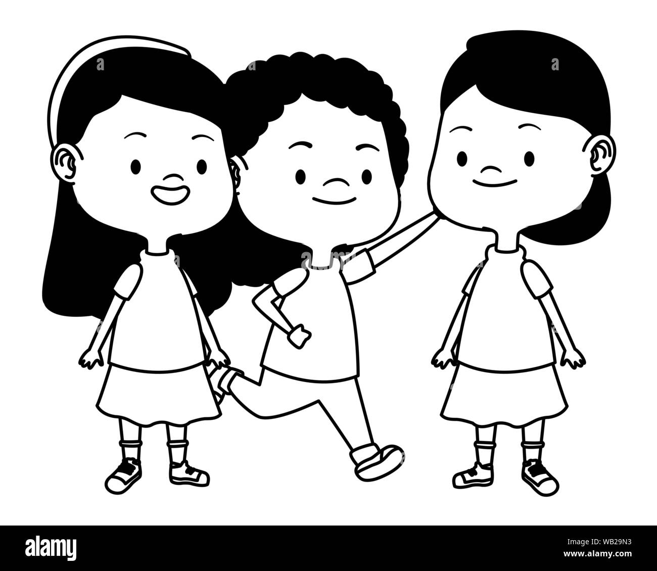 Cute happy kids having fun cartoons in black and white Stock Vector ...