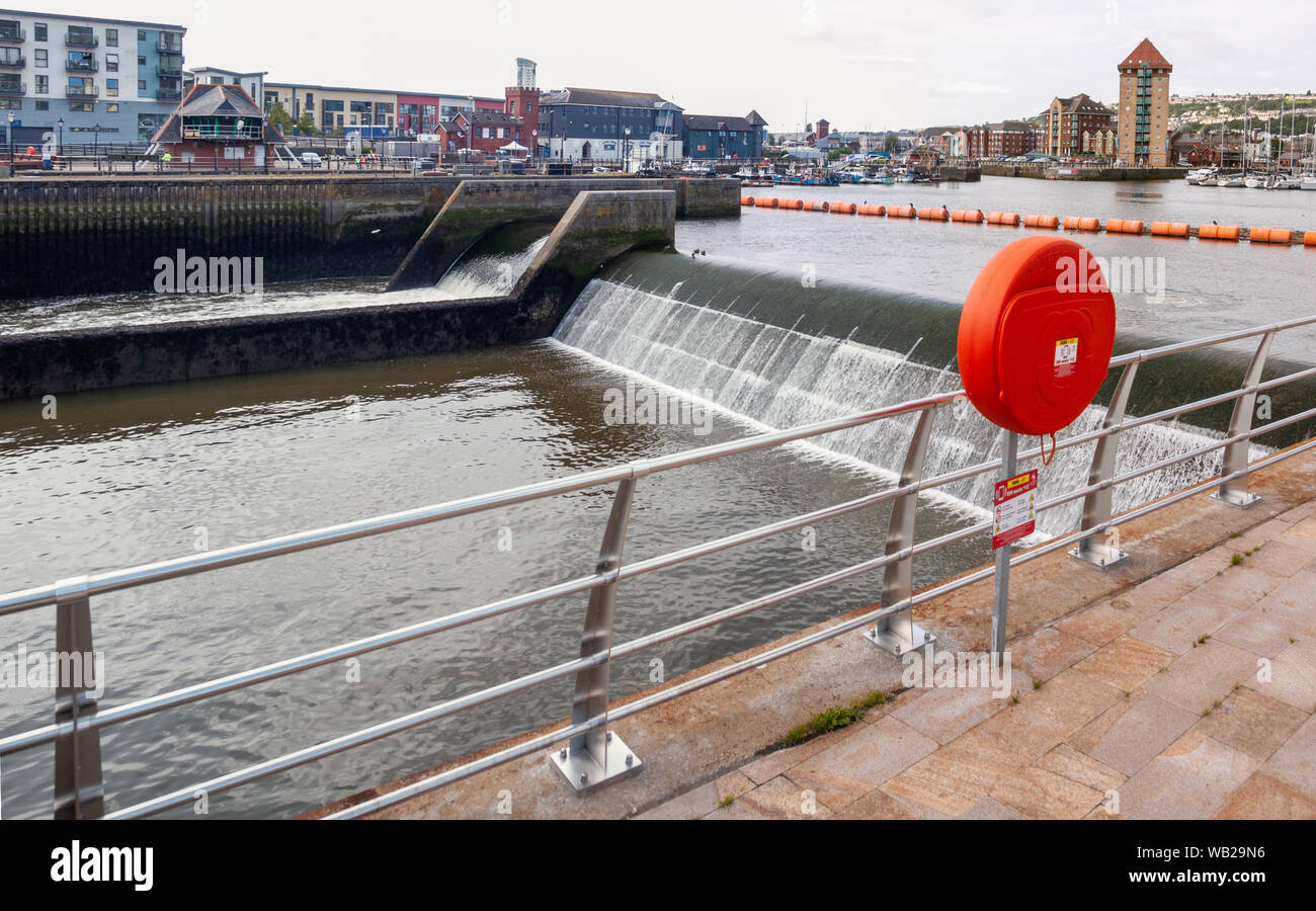 The River Tawe Barrage spillway looking towards Swansea Marina. Swansea