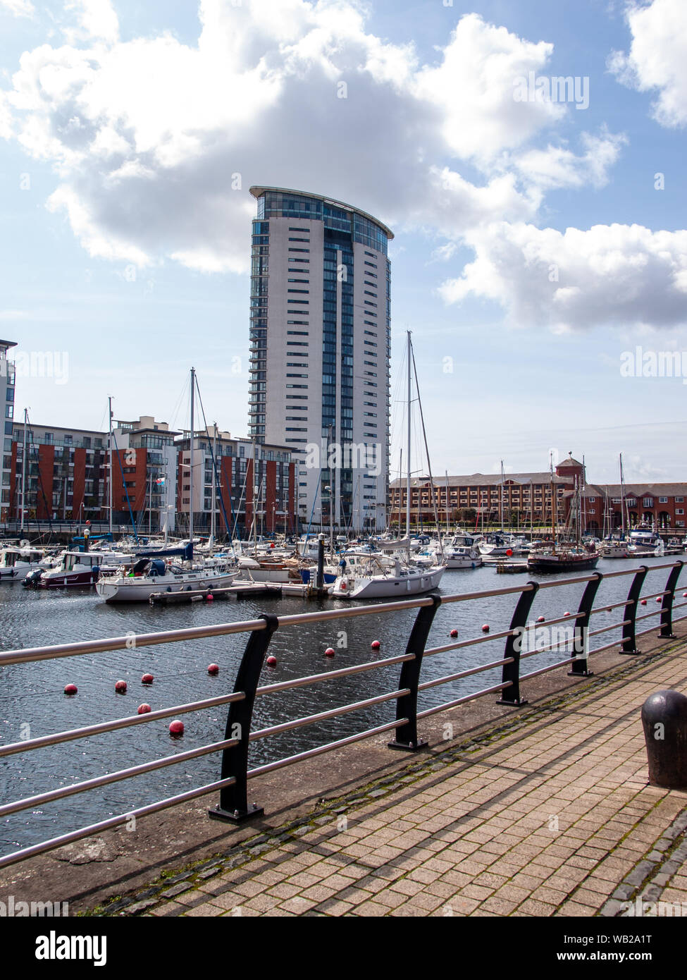 Swansea Marina and The Tower, Meridian Quay. Tallest building in Wales 2019. UK. Stock Photo