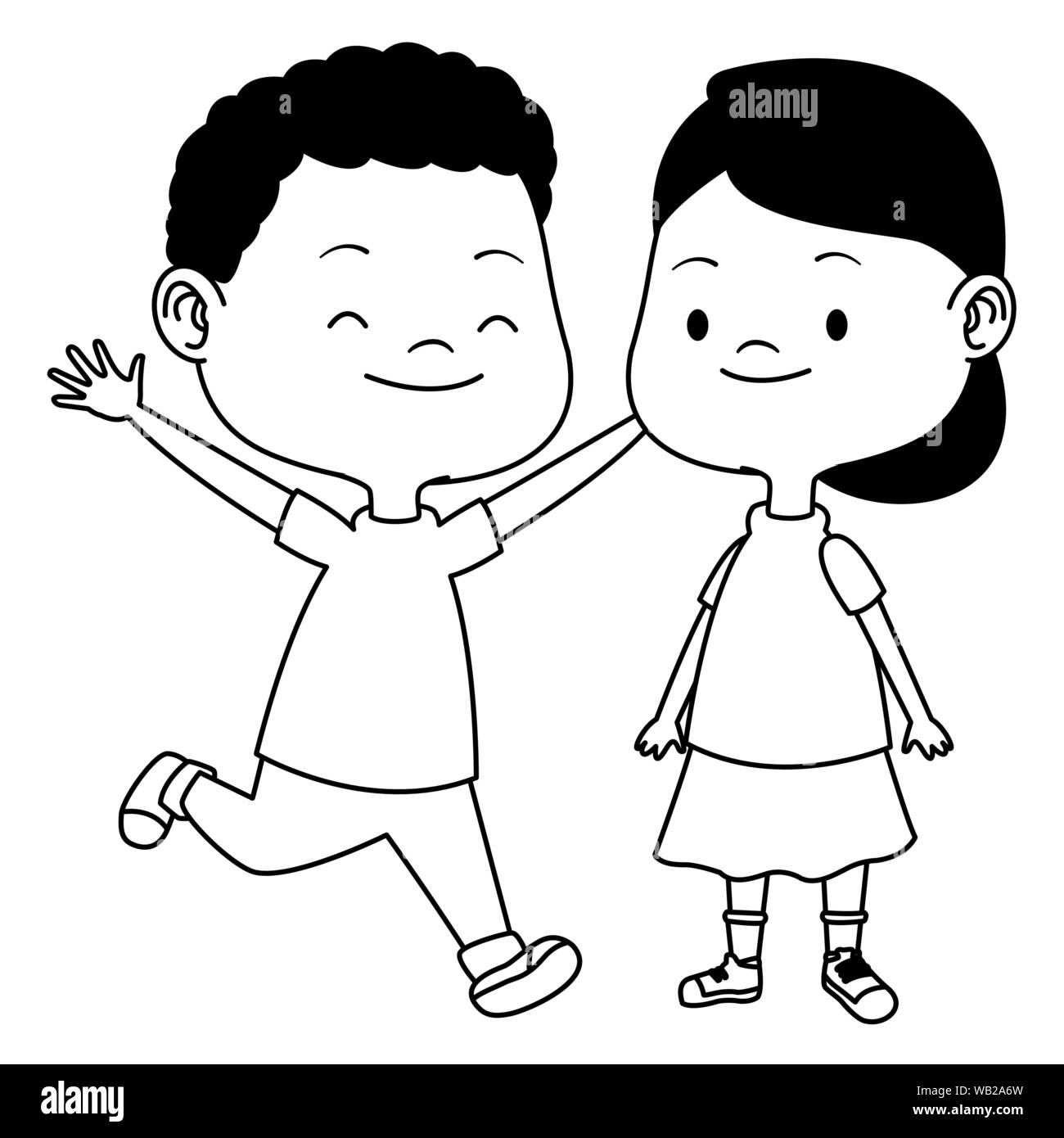 Cute happy kids having fun cartoons in black and white Stock Vector ...