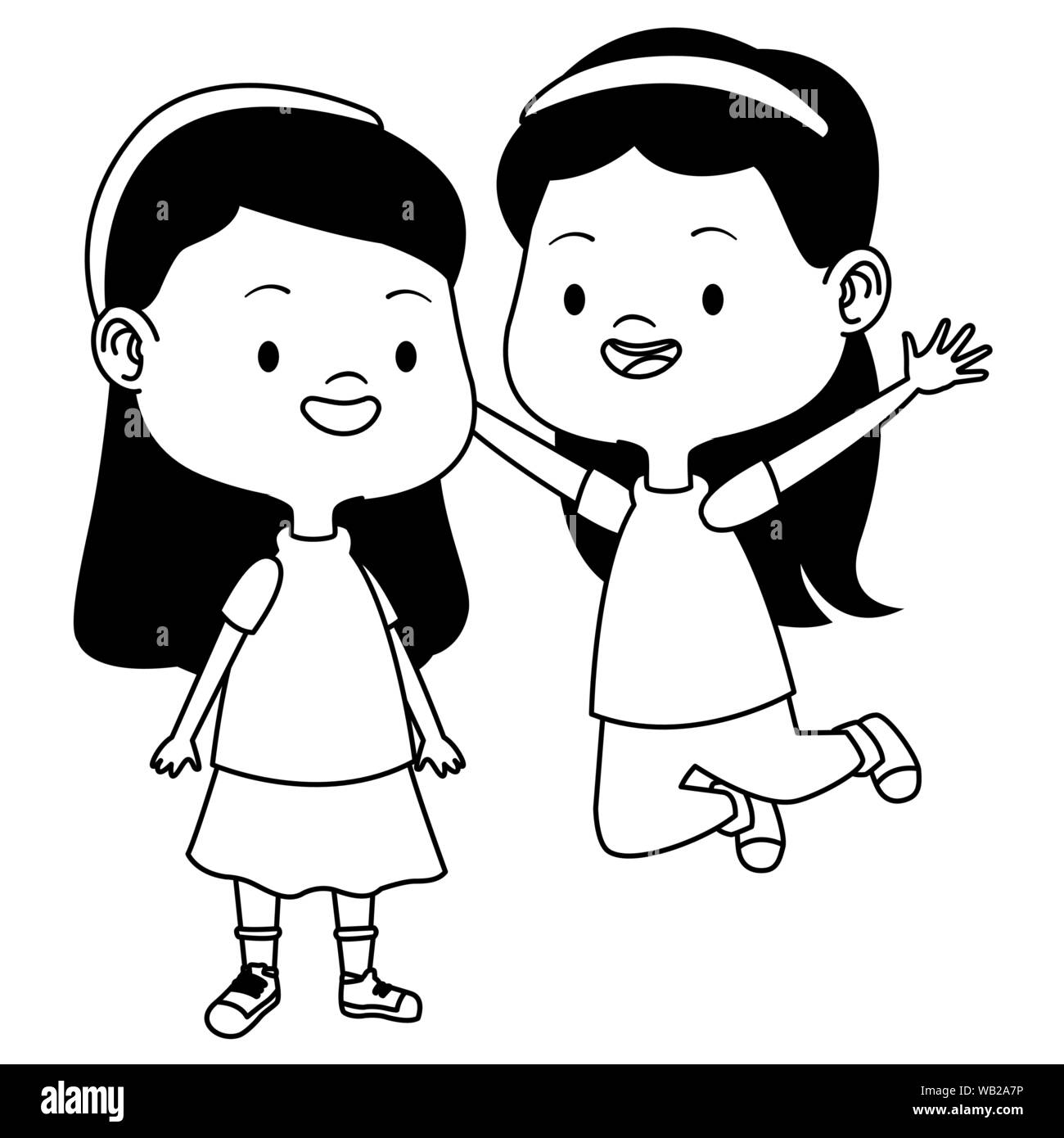 Cute happy kids having fun cartoons in black and white Stock Vector